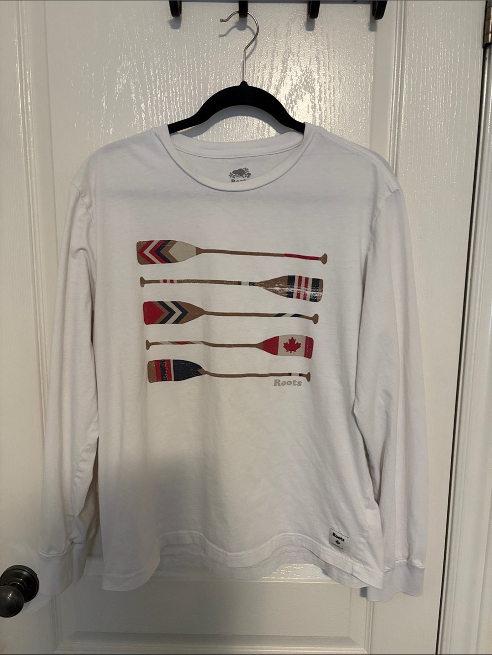 Roots White Long Sleeve Shirt with Red and Brown Paddle Graphic